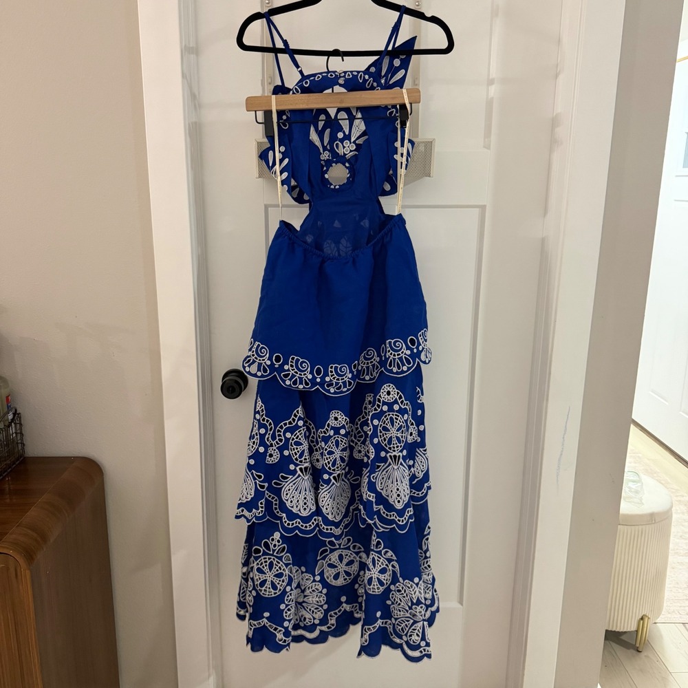 NWT Farm Rio Blue Flower Richelieu Linen Midi Dress Navy Blue XS Boho $398 - Picture 3 of 8